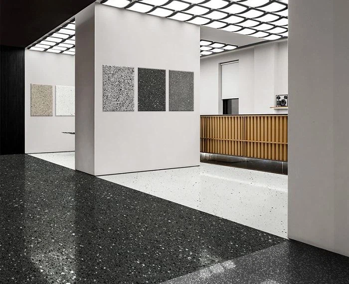 black terrazzo tile polish countertop