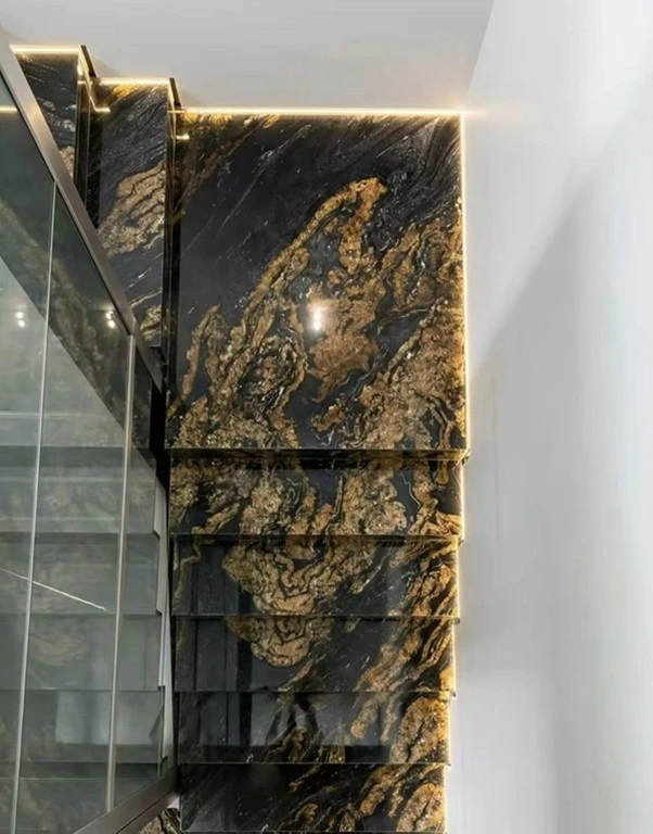 Black With Gold Veins Granite Stairs